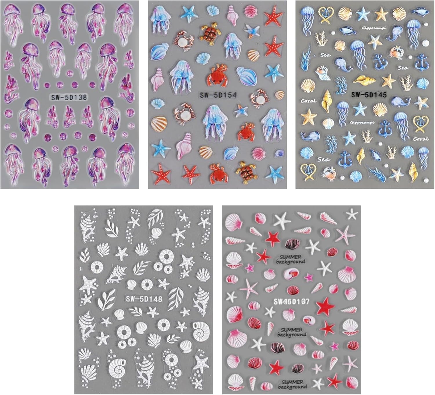 5 pezzi adesivi per unghie in rilievo 5D modello oceano ciondoli per unghie adesivi per unghie estivi oceano conchiglie animali marini adesivi per unghie carini accessori per unghie