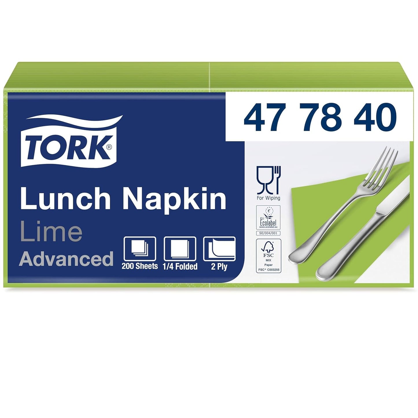 Tork 477840 Tovaglioli pranzo color lime / Tovaglioli a 2 veli per piccoli pasti o snack / Qualità avanzata / Tovaglioli di carta 10 X 200 (2000) / 32,6 X 33 cm (L X P) / Piega 1/4
