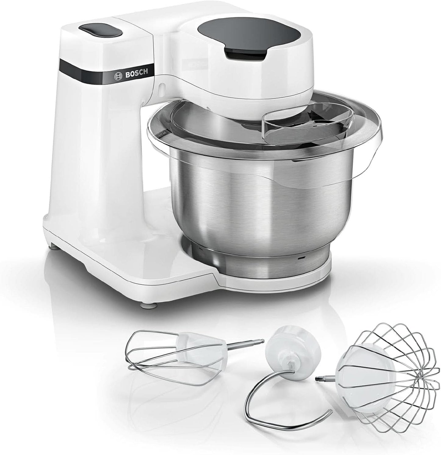 Bosch Küchenmaschine Serie 2 MUMS2EW00, Edelstahl-Schüssel 3.8 L, Planetenrührwerk, Knethaken, Schlag-, Rührbesen Edelstahl, 4 Arbeitsstufen, Durch Optionales Zubehör Erweiterbar, 700W, Weiß Kitchen Naty Shop