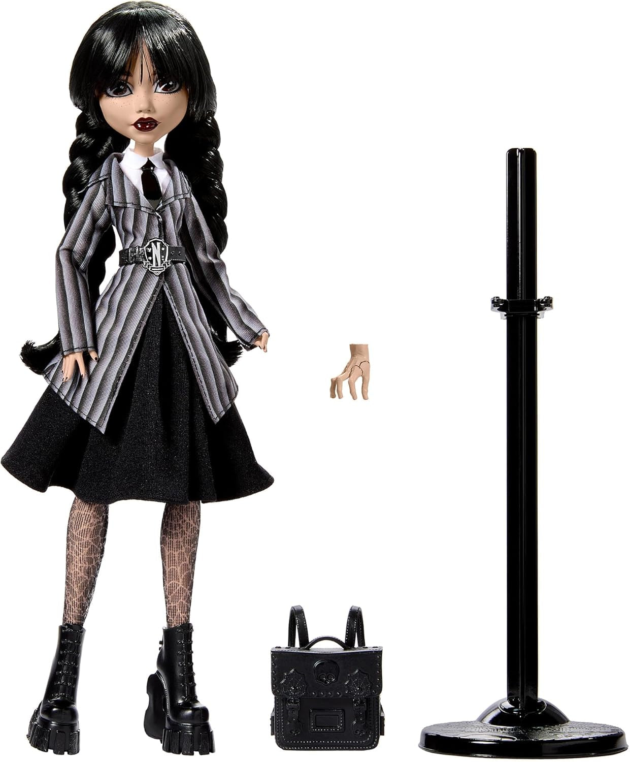 Monster High Wednesday Bambola e accessori Mercoledì Addams Figura da collezione in uniforme Nevermore Academy con mano ghiacciata e zaino Supporto per bambola HXJ04 Naty Shop Dolls