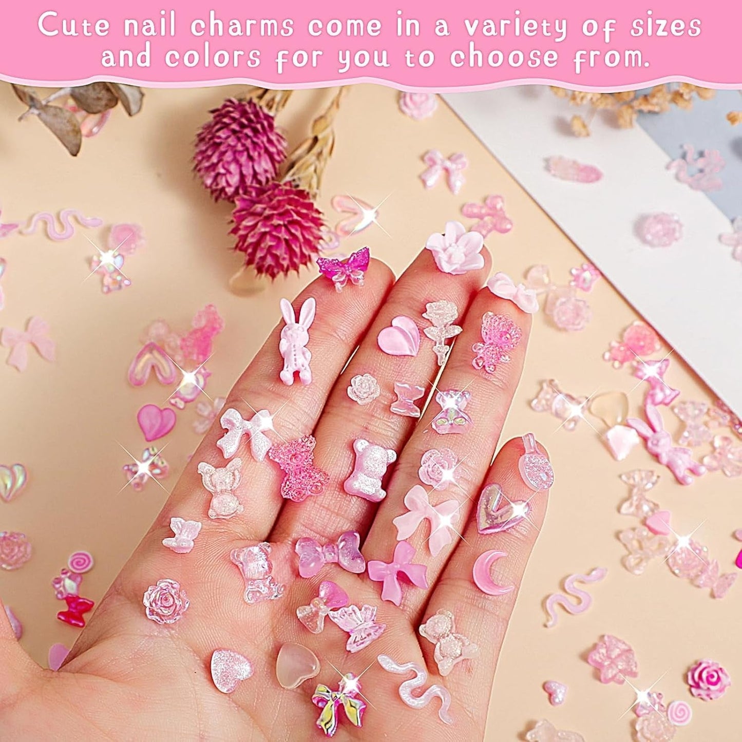 200 Pezzi Ciondoli per Nail Art Set di Decorazioni per Nail Art 3D Fiocco per Unghie Ciondolo Rosa Stile Misto Fiocco Fiore Orsacchiotto Lecca-lecca a Forma di Cuore Decorazione per Nail Art Artigianato Fai da Te Nail Design