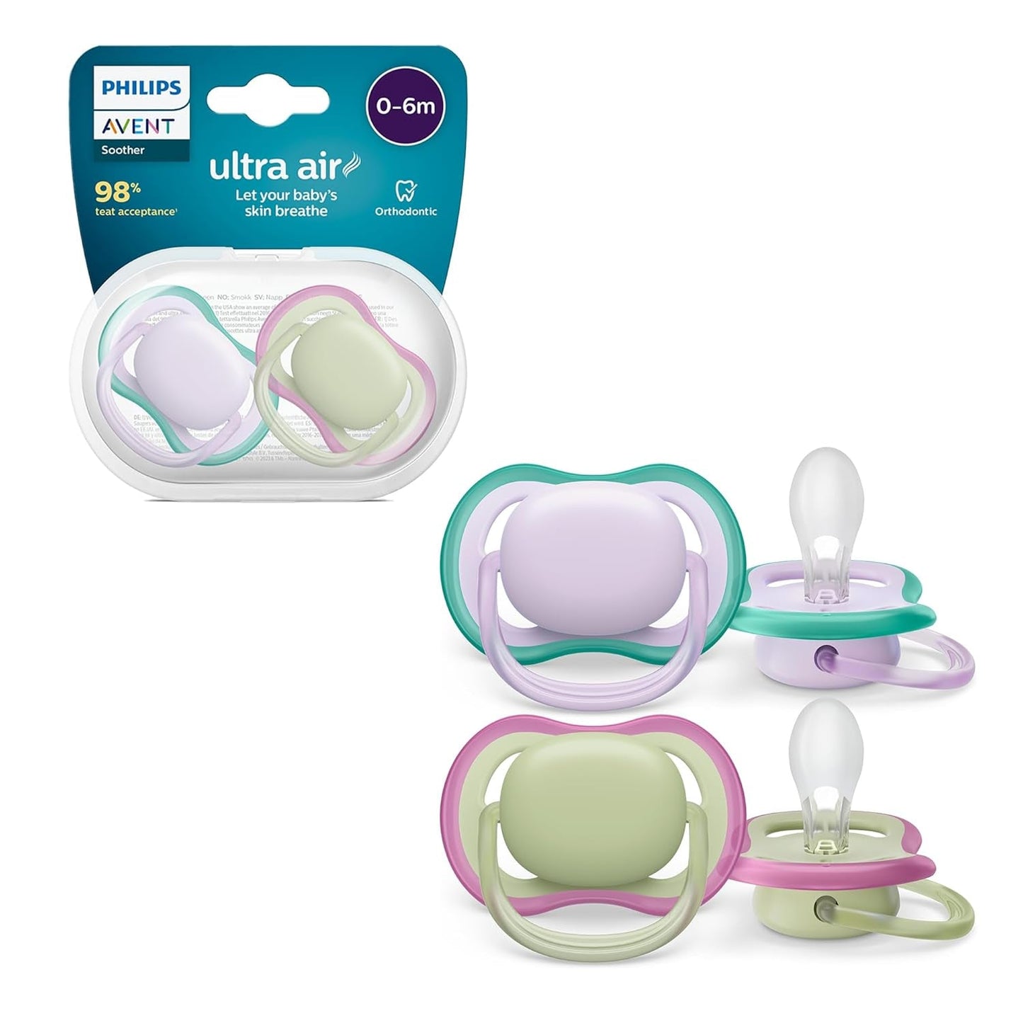 Succhietti Philips AVENT ultra air - Succhietti leggeri e traspiranti per bambini da 0 a 6 mesi, senza BPA, con custodia per il trasporto come sterilizzatore, confezione da 2, modello SCF085/24
