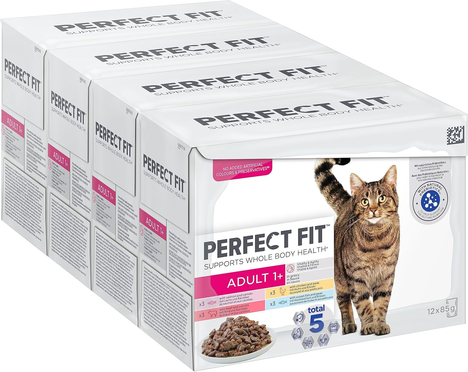 Selezione di cibo umido Perfect Fit Adult 1+ con salmone, pesce di acque profonde, manzo e pollo, 48 bustine, 12x85 g (confezione da 4) - Cibo umido premium per gatti adulti a partire da 1 anno di età