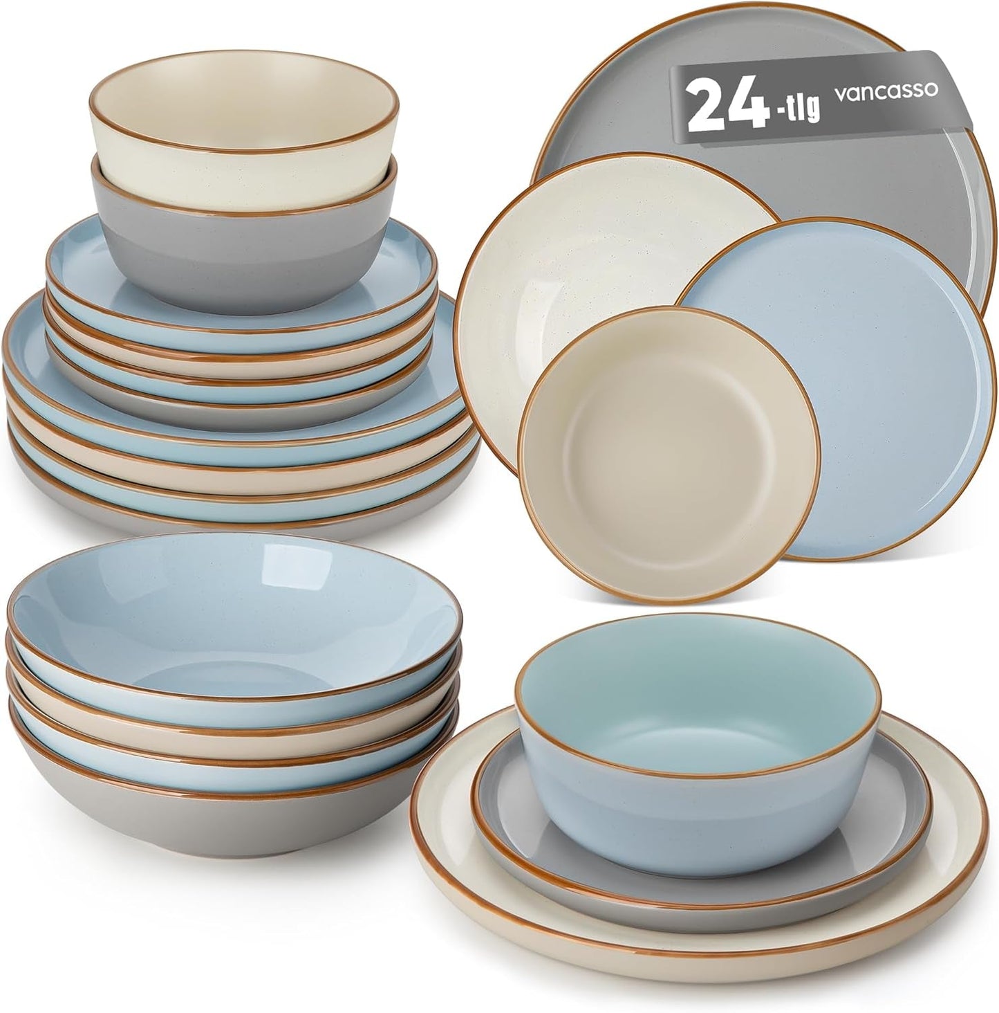 Geschirrset 6 Personen, vancasso RENO 24-tlg Steingut Teller Set Mix, Tafelservice mit je 6 Speiseteller, Dessertteller, Suppenteller, Müslischalen, Spülmaschinenfest & Mikrowellengeeignet, Mehrfarbig