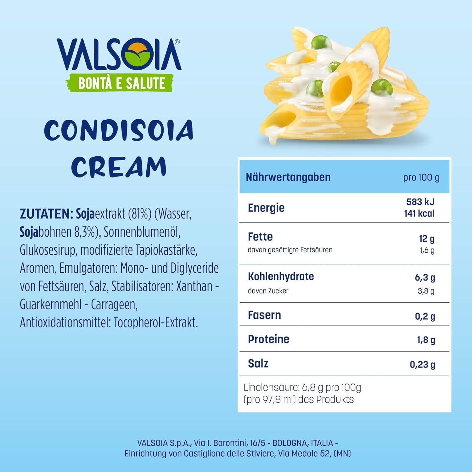 Crema Condisoia, panna da cucina ideale per intolleranti al lattosio, vegani e vegetariani, versatile in cucina, 6 x 200 g