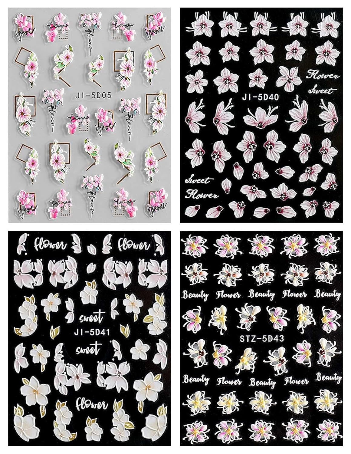 JMEOWIO 3D Nagelsticker Frühling Blume Nail Art Sticker Selbstklebend Nagelaufkleber 5D Stereoscopic Buntes Sommer Blumen Dekoration Nageldesign Zubehör 4 Blatt