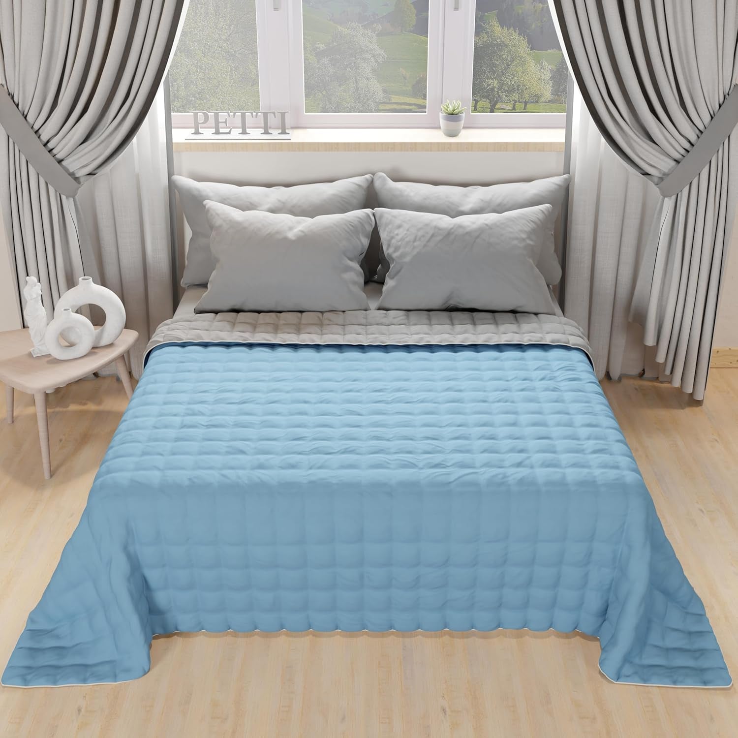 PETTI Artigiani Italiani - Trapunta Letto Singolo, Trapunta Double Face, Trapunta Primaverile, Blu Notte, Bianco, 100% Made in Italy Piumini e Trapunte Naty Shop Azzurro Grigio 160 X 190 Cm