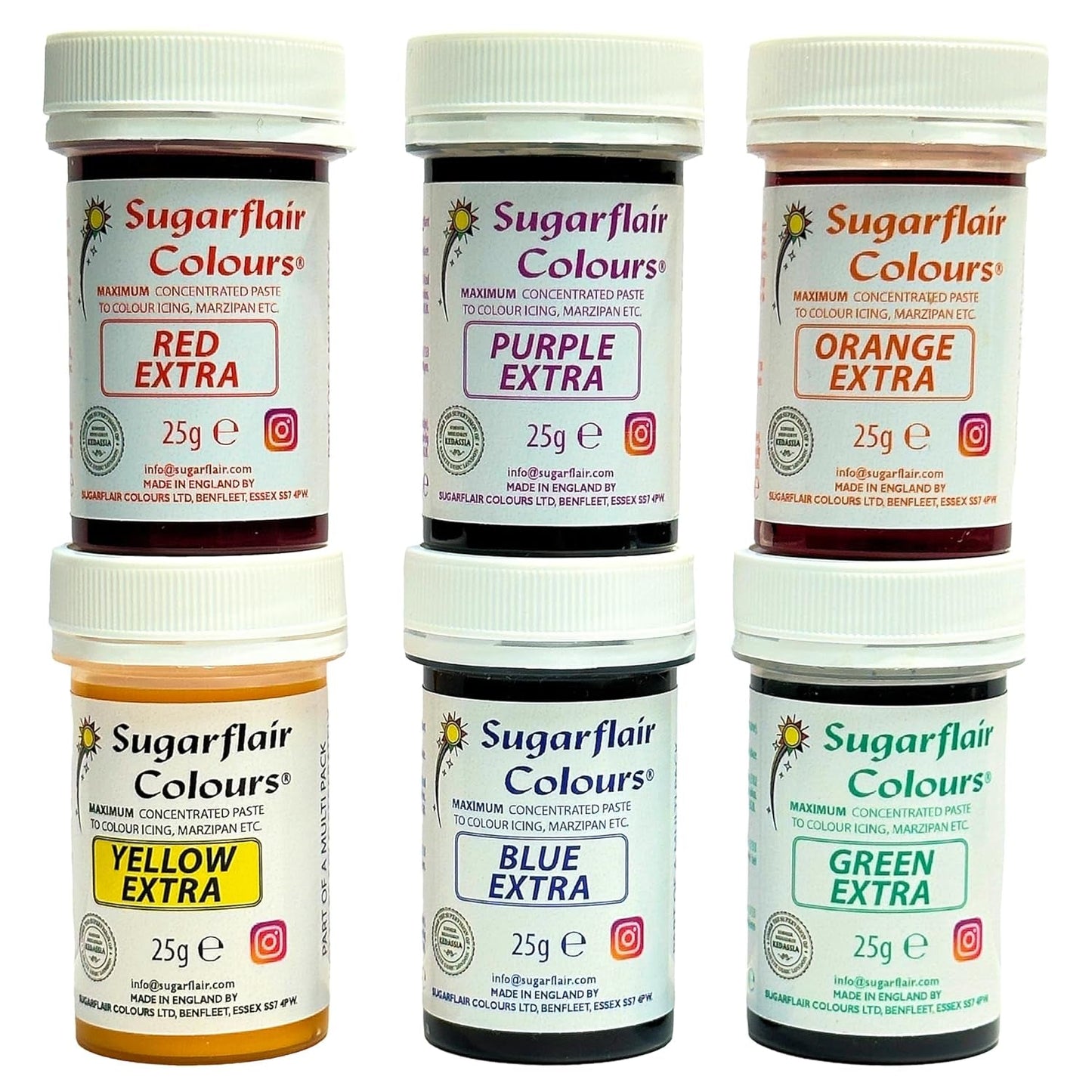 Sugarflair Max Set coloranti alimentari concentrati/6, pasta colorante alimentare Max Concentrate, EXTRA blu, rosso, arancione, giallo, verde, viola - 6x25g