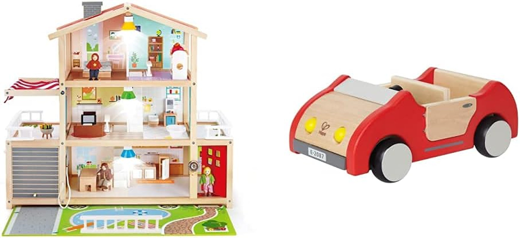 E3405 - Casa delle bambole, Casa delle bambole con accessori, in legno e E3475 - Accessori per casa delle bambole, Auto familiare