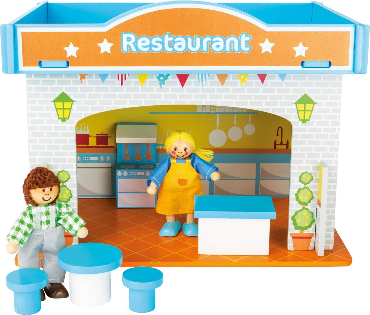 Small Foot 10852 Casetta da gioco Ristorante In legno, Con 2 bambole, accessori e tetto rimovibile, A partire da 3 anni Case delle bambole Naty Shop Ristorante