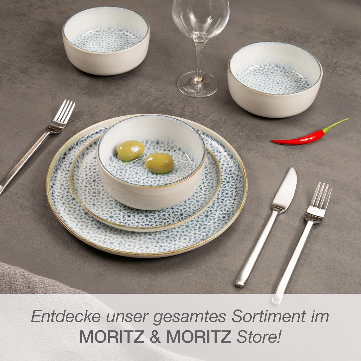 Moritz & Moritz ALHAMBRA Servizio Piatti per 6, 18 Pezzi, Porcellana di Alta Qualità - Stoviglie Moderne Blu - Set Di Facile Manutenzione Compreso 6 Piatti Piani, 6 Piatti Dessert e 6 Ciotole
