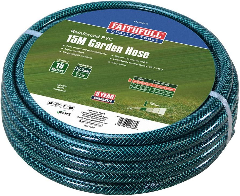 Tubo da giardino Faithfull da 50 m (164 piedi) rinforzato, diametro 12,7 mm (1/2 pollice) - Tubo in PVC resistente, verde