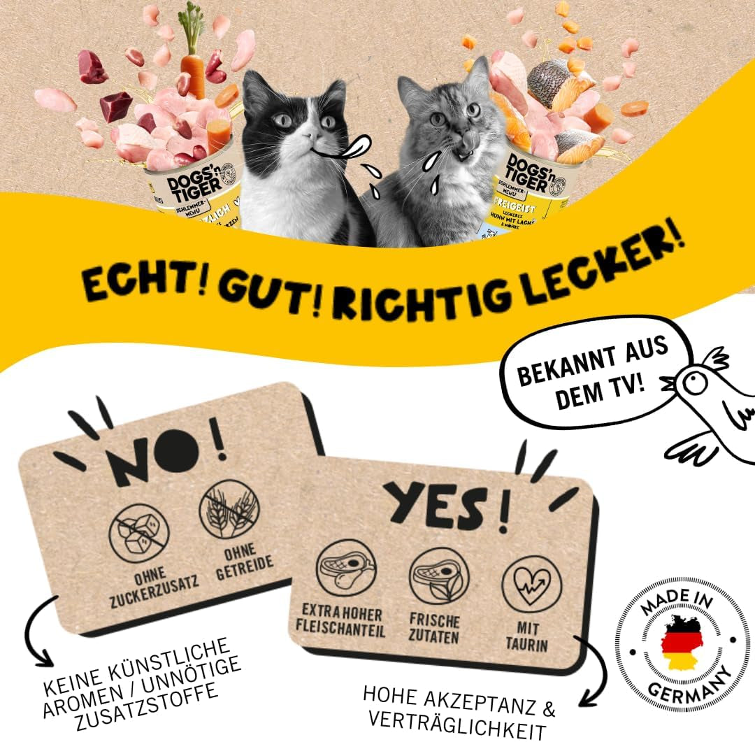 Dogs'n Tiger Schlemmermenü Glückskind, Nassfutter für Kätzchen, saftiges Hun und Forelle - ohne Getreide, Zuckerzusatz, künstliche Konservierungsstoffe, optimizatione Verträglichkeit, 12x 200g