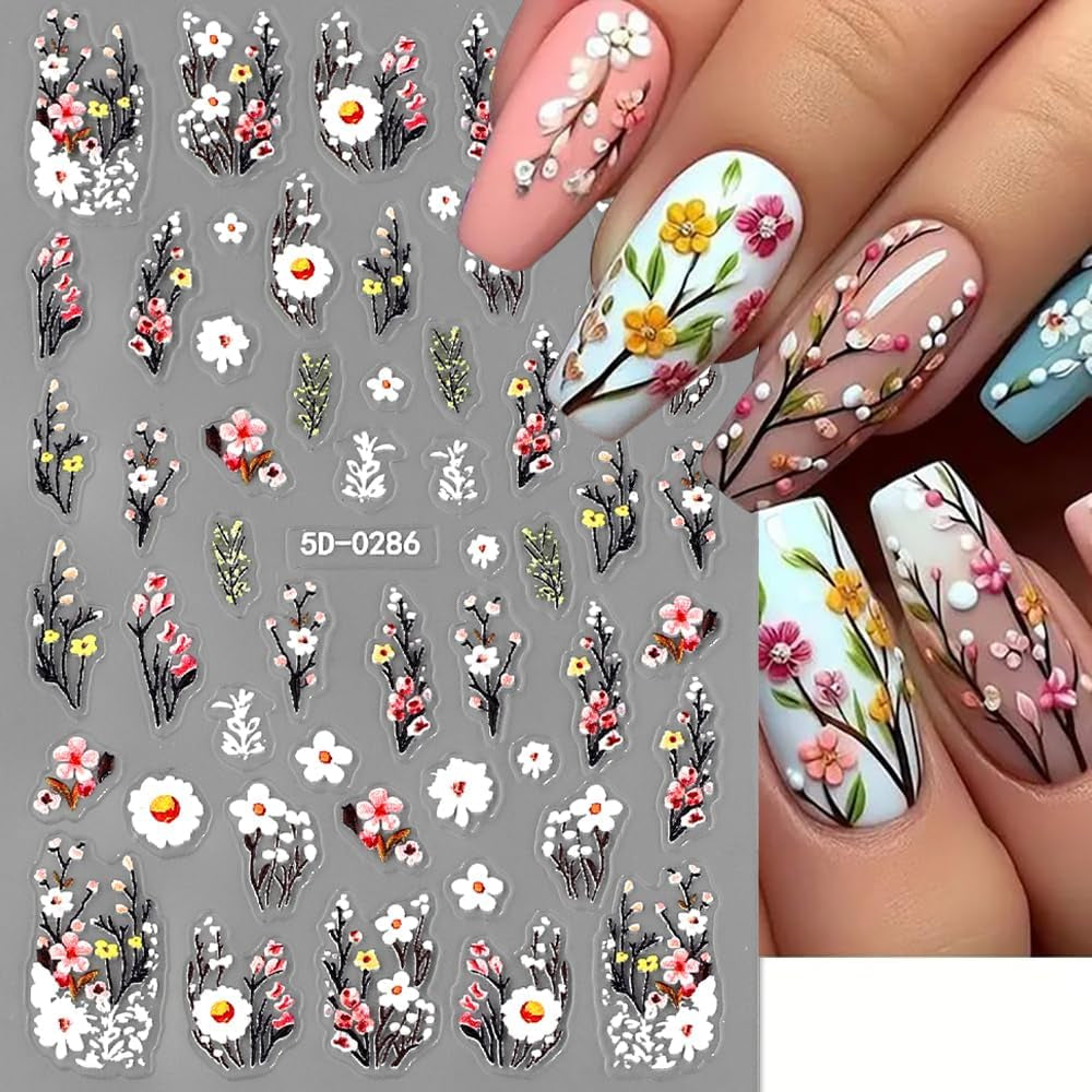Adesivi per unghie con fiori di prugna, Adesivi per unghie con fiori bianchi e rosa, Adesivi per unghie con fiori in rilievo, Adesivi per unghie con fiori primaverili ed estivi, Disegni per unghie, Accessori per unghie, Nail Art