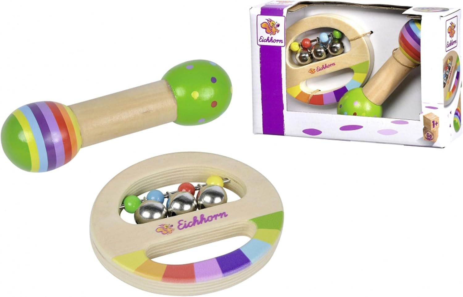 Eichhorn - Set musicale da 2 pezzi, include giocattolo con campanelli e bacchetta sonora, strumenti musicali in legno colorati, da 1 anno Giochi per bambini Naty Shop