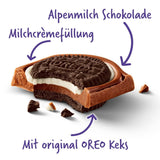 Milka Oreo Sandwich – Cioccolato al latte alpino, ripieno di pezzi croccanti di biscotti Oreo e morbida crema alla vaniglia – 92g