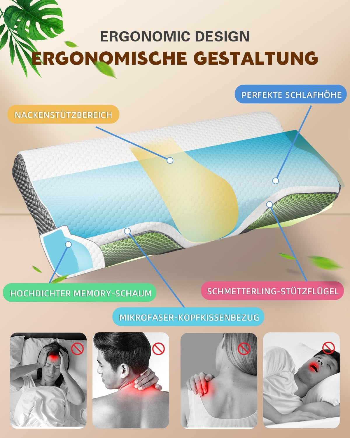 Cuscino per dolore al collo, cuscino ergonomico ortopedico per il collo, cuscino in memory foam addominale laterale posteriore, cuscino antirussamento per uomini e donne (62 * 34,5 * 12/8 CM) Cuscini ortopedici cervicali Naty Shop