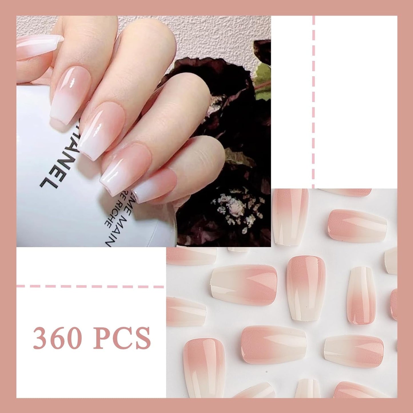 Set di 360 unghie finte ballerina sfumata, unghie artificiali incollate con sfumatura rosa bianca con 2 penne a olio per unghie, unghie finte medie sfumate per donne fai da te
