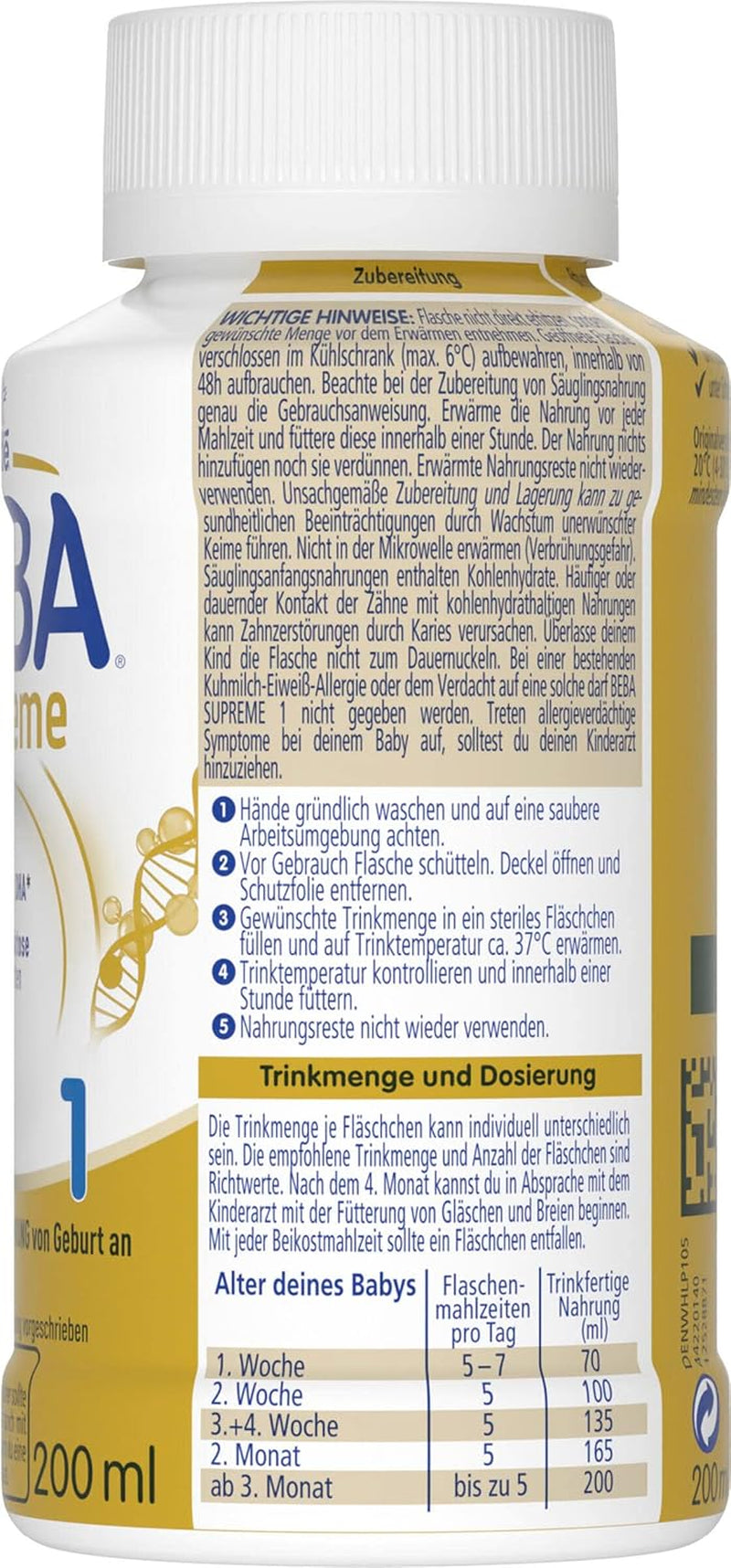 BEBA Nestlé BEBA SUPREME 1 Latte per lattanti: biberon pronti da bere con Omega 3, confezione da 4 (1 x 200 ml)