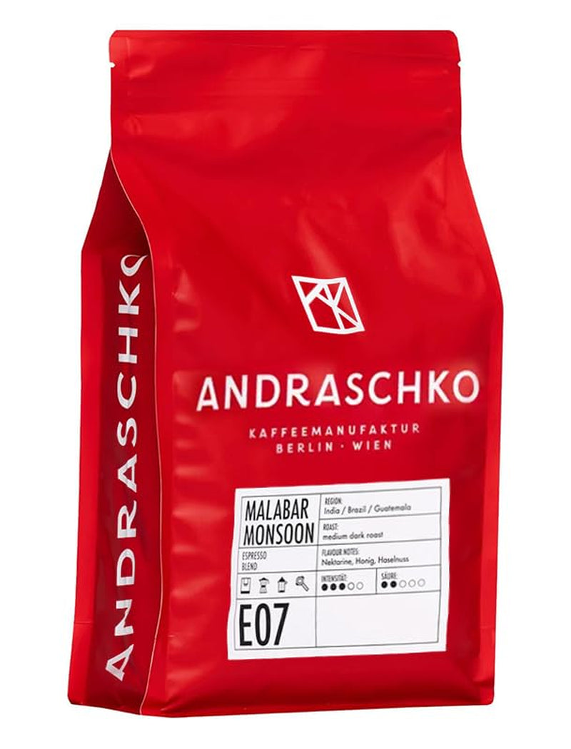 Miscela Malabar Monsoon Espresso - 100% Arabica da Indien, Brasilien & Guatemala - säurearm & ausgefungen mit Nektarine, Honig & Haselnuss - ganze Bohnen, tostatura media scura - 1kg
