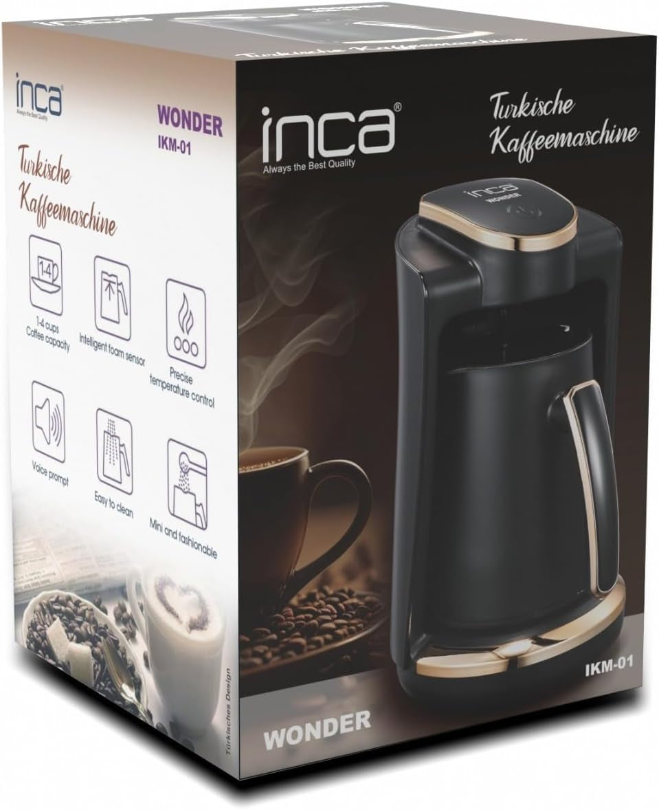 Caffetteria turca Inca | Macchine Türk Kahve | 250 ml (1-4 tazze) | 400 W | IKM-01 | Protezione contro le fuoriuscite e l'ebollizione senza acqua | Piastra riscaldante in acciaio inossidabile | Spegnimento automatico | Per un caffè turco perfetto