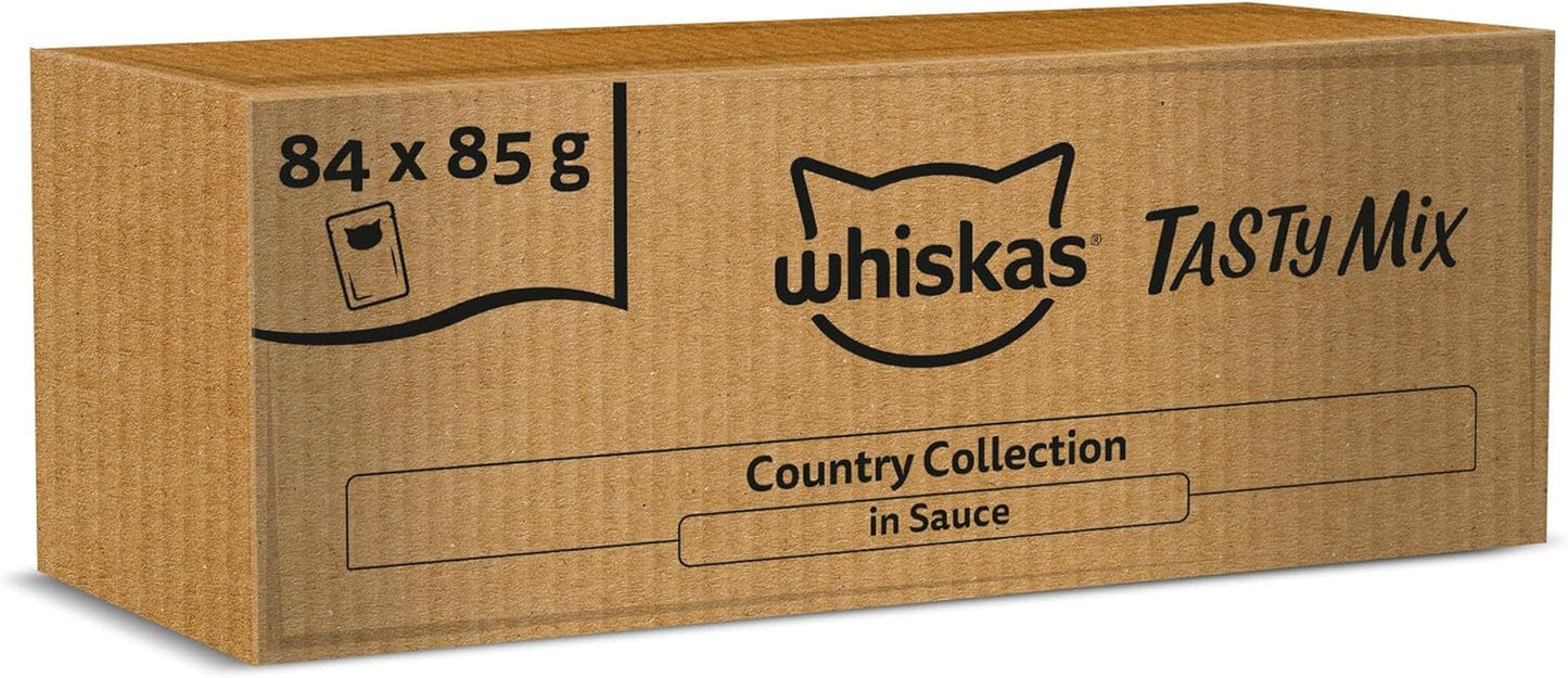 Whiskas Adult Cibo umido 1+ Tasty Mix Country Collection in salsa, 84 bustine, 84 x 85 g (1 confezione sfusa) - Cibo umido di alta qualità per gatti adulti