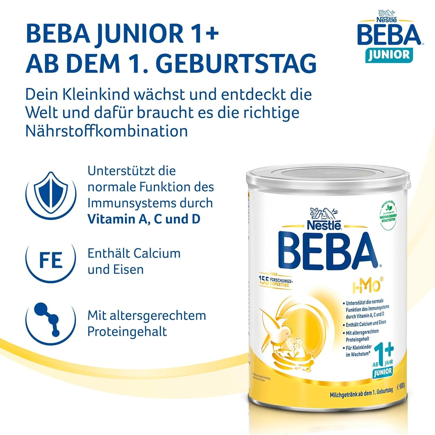 BEBA Junior 1+ bevanda a base di latte a partire da 1 anno, Con HMO, Contenuto proteico adatto all'età, Solo lattosio, Senza olio di palma, Senza olio di pesce, Alimenti per bambini, Latte in polvere per bambini, Confezione da 3 (3 x 800 g)