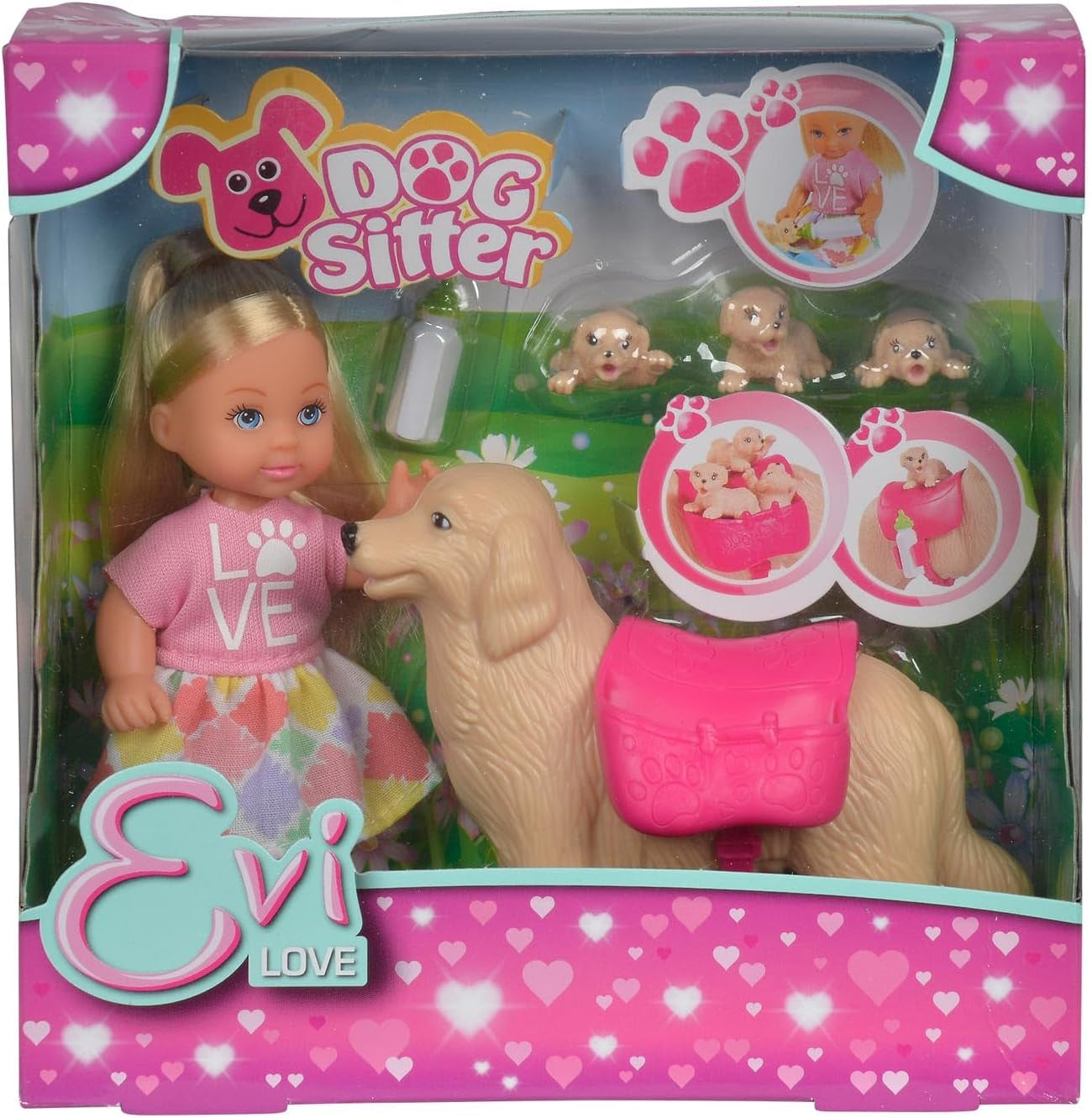 Simba 105733072 - Evi Love Dog Sitter con cane e tre cuccioli, accessori, bambola alla moda, 12 cm, per bambini dai 3 anni in su