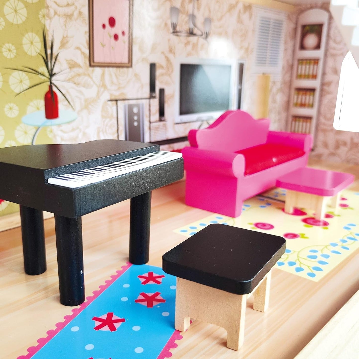 Bino World of Toys Casa delle bambole con balcone, giocattolo per bambini a partire da 3 anni, con 3 piani, scale, 4 stanze e balcone incl. 15-TLG. Accessori, Per promuovere le abilità dei bambini, Case delle bambole Naty Shop dal design rosa