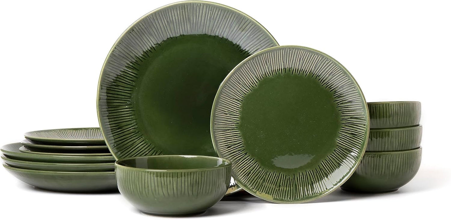 Mikasa Jardin Servizio Piatti 12 Pezzi, Servizio Piatti in Gres per 4 Persone con Piatti, Piattini e Ciotole, Verde - Confezione Regalo e Lavabile in Lavastoviglie