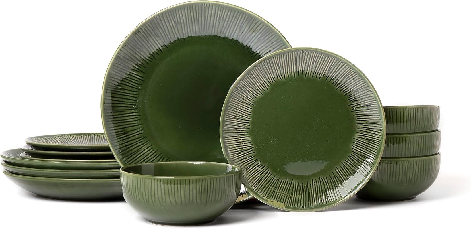 Mikasa Jardin Servizio Piatti 12 Pezzi, Servizio Piatti in Gres per 4 Persone con Piatti, Piattini e Ciotole, Verde - Confezione Regalo e Lavabile in Lavastoviglie