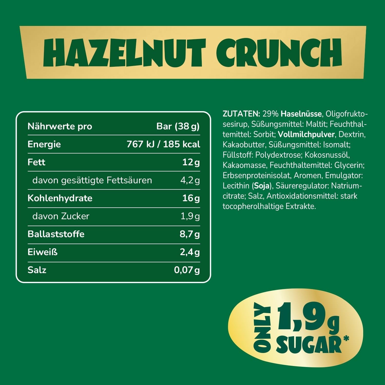 Barrette di cioccolato al caramello e nocciole avanti | 12 tavolette di cioccolato x 35 g senza zuccheri aggiunti | 1,9 g di zucchero per barretta | Gusto croccante di nocciola e caramello | Dolci a basso contenuto di carboidrati | Niente olio di palma