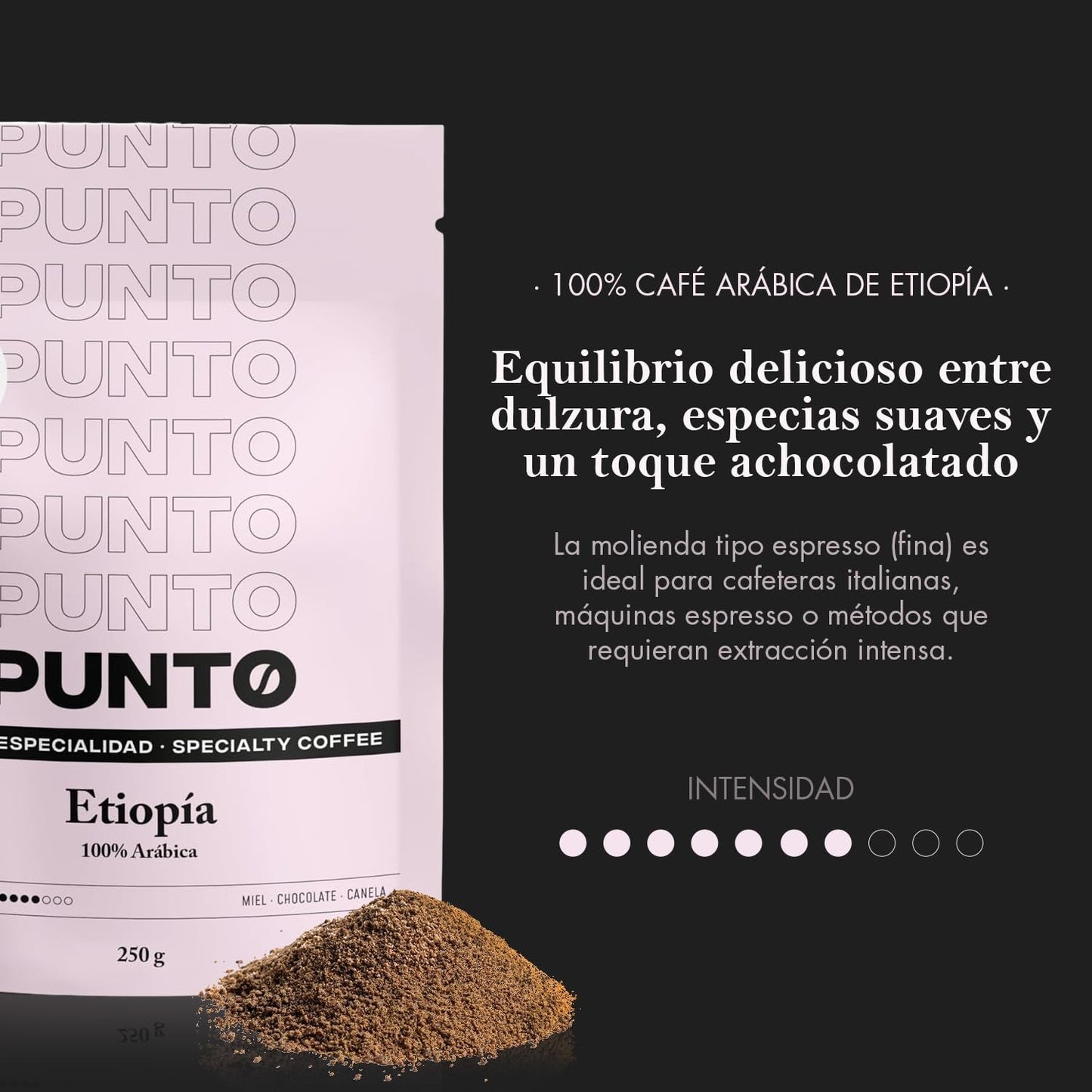 – Caffè etiope macinato – 250 g – Caffè speciale – Tostatura media – 100% Arabica – Note di miele, cannella e cioccolato – Acidità intensa – Corpo medio