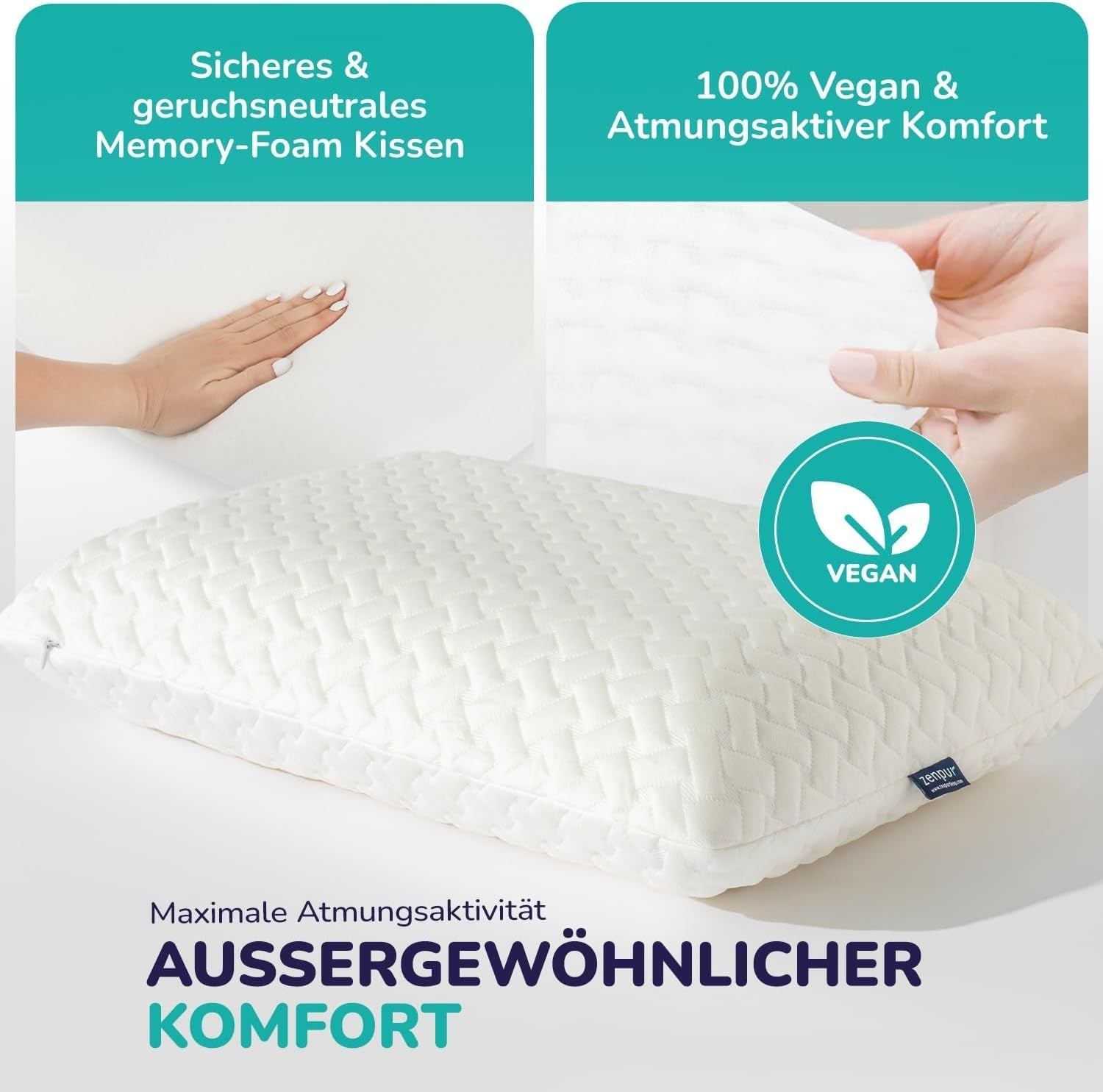 ZenPur Cuscino per Collo Ortopedico 40x60-13 cm, Cuscino per la Testa in Memory Foam - Cuscino per il Sonno ergonomico per Collo e Spalle, Certificato Oeko-TEX