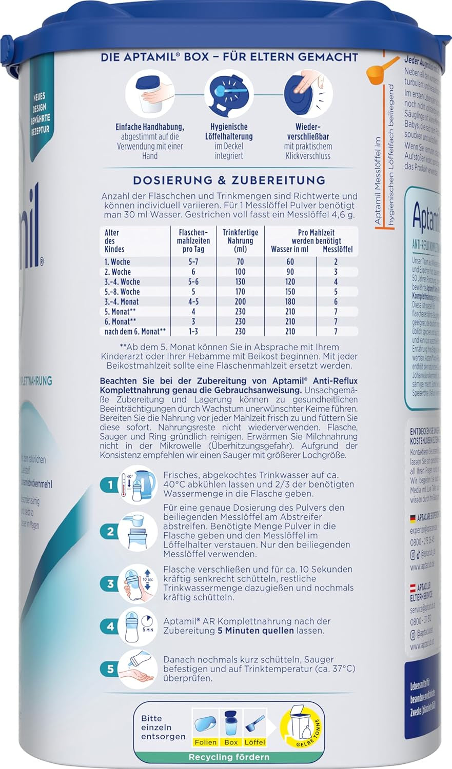 Aptamil Anti-Reflusso - Formula completa dalla nascita Gestione alimentare Vomito e rigurgito Alimenti per bambini Latte in polvere 1 x 800 g