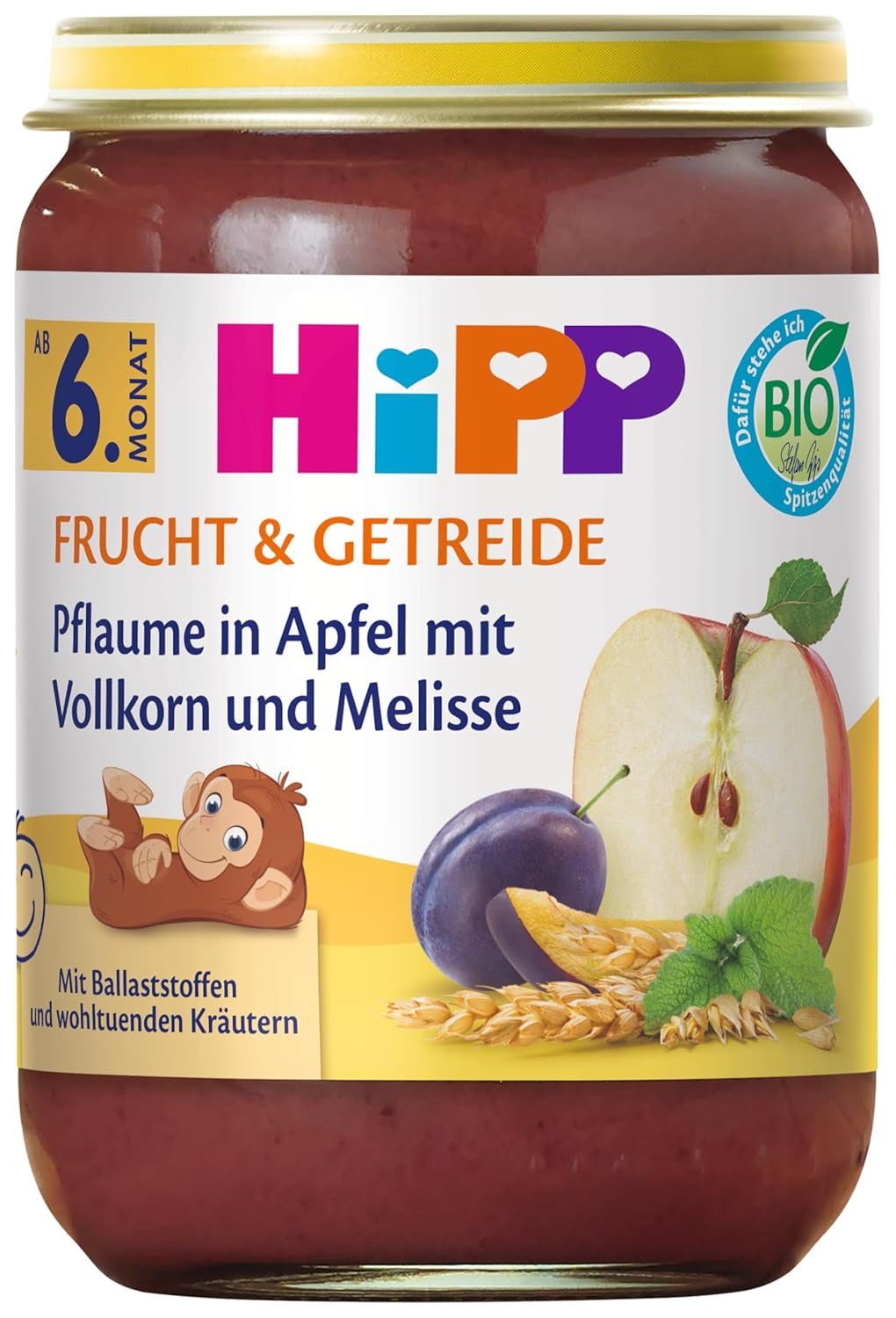 Prugne HiPP Biologiche in Crema di Mele con Cereali Integrali e Melissa (6 x 190g), a partire da 6 mesi, con cereali integrali biologici ed erbe benefiche, solo dolcezza naturale della frutta, della migliore qualità biologica