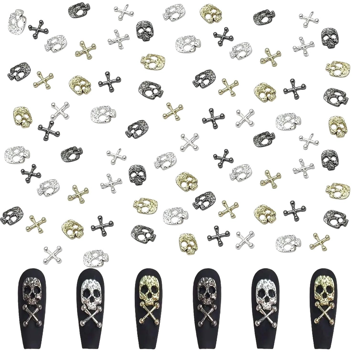 120 pezzi decorazioni per nail art con teschio croce set oro argento metallo charms per nail art punk in lega gioielli per nail art pietre scintillanti accessori