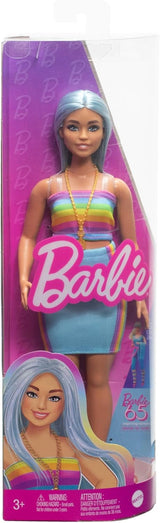 Bambola Barbie Fashionistas n. 218 con lunghi capelli blu, top arcobaleno e gonna turchese, bambola di moda da collezione per il 65° compleanno, HRH16 Naty Shop Dolls