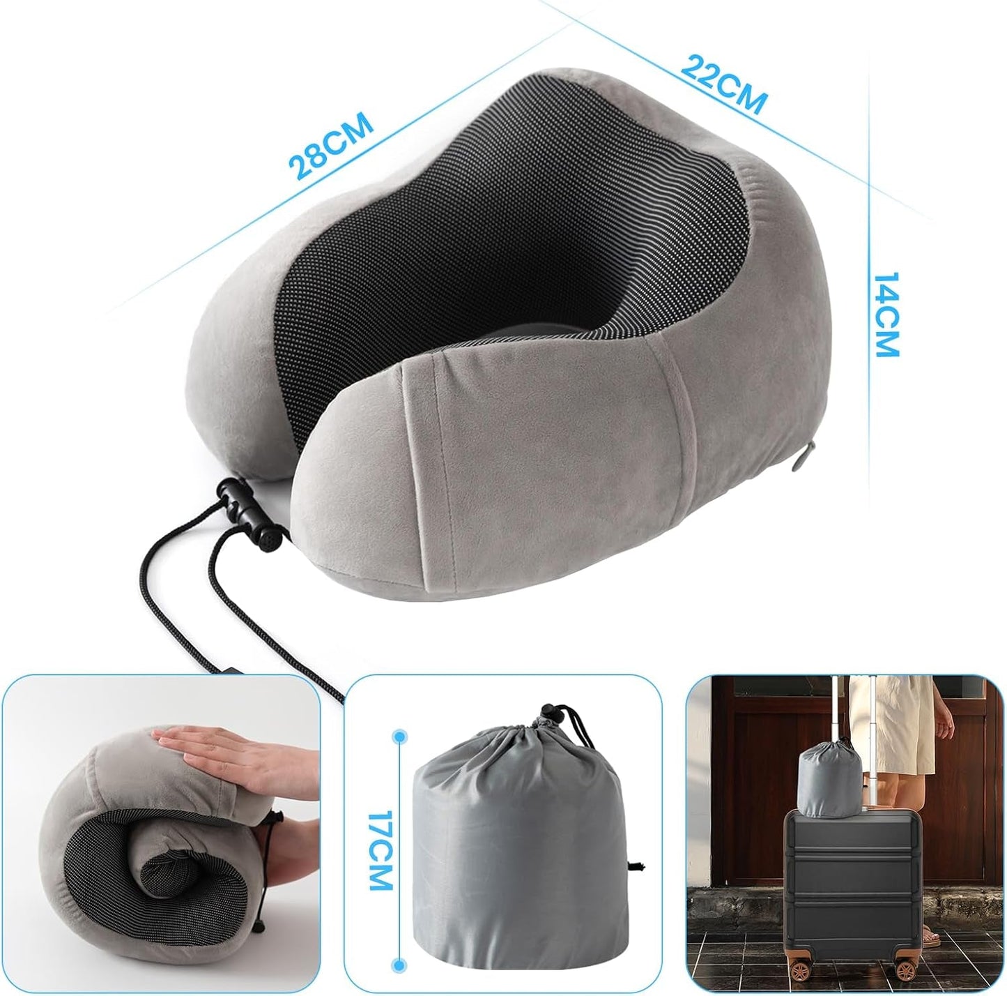 Good Nite Cuscino per il collo Cuscino per il collo dell'aereo Cuscino da viaggio Cuscino per il collo per adulti Cuscino per la casa per auto Cuscino per la testa Memory foam ergonomico Lavabile con schienale stretto Cuscini da viaggio grigi regolabili Naty Shop