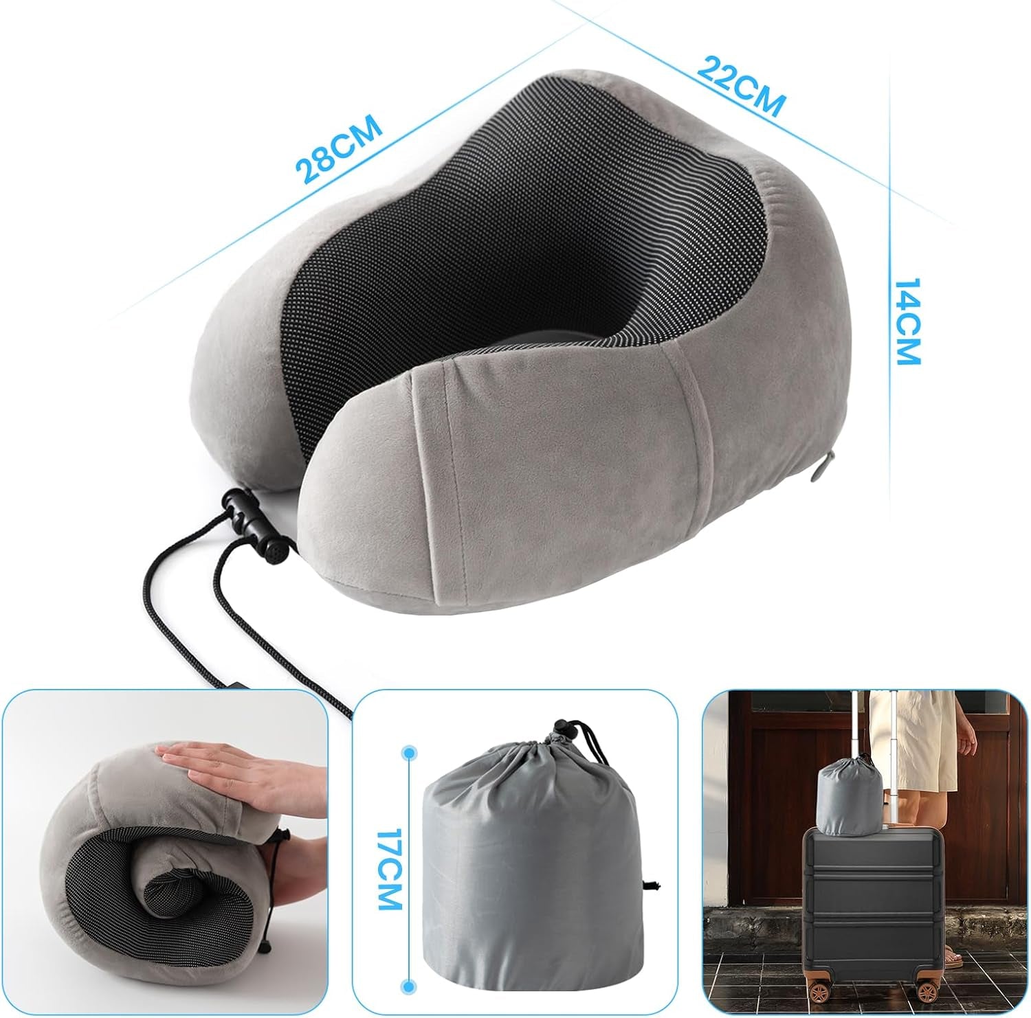 Cuscino per il collo, Cuscino per il collo dell'aereo, Cuscino da viaggio, Cuscino per il collo per adulti, Cuscino per il collo dell'auto, Cuscino per la casa, Cuscino ergonomico in memory foam, Schienale stretto lavabile, Regolabile, Grigio