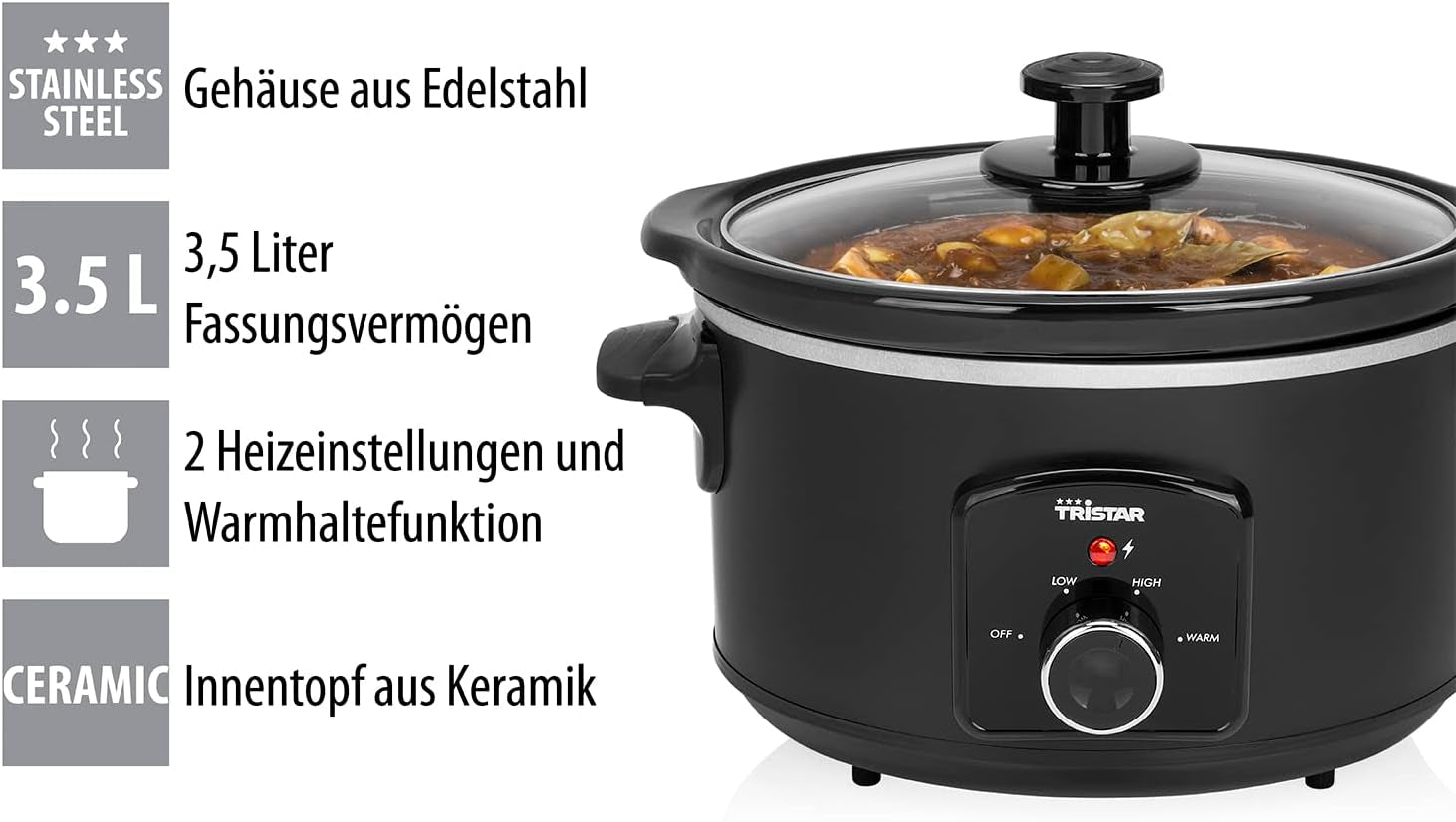 Pentola a cottura lenta Tristar VS-3915, pentola in ceramica e acciaio inox con 2 impostazioni di calore e funzione di mantenimento in caldo, Pentola a cottura lenta da 3,5 L Naty Shop