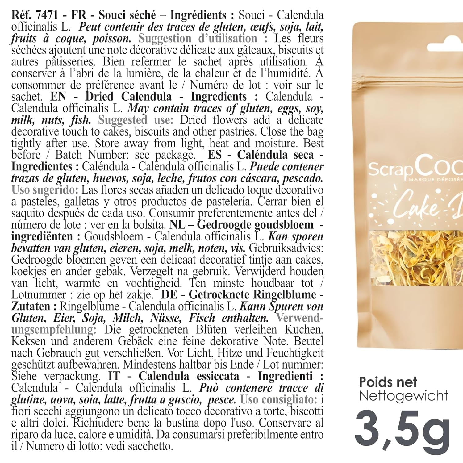 ScrapCooking - Calendule essiccate 3,5 g - Fiori commestibili - Decorazioni alimentari per dolci - Per dessert, torte, crostate, muffin - Natale, primavera, compleanno - Giallo dorato - 7471