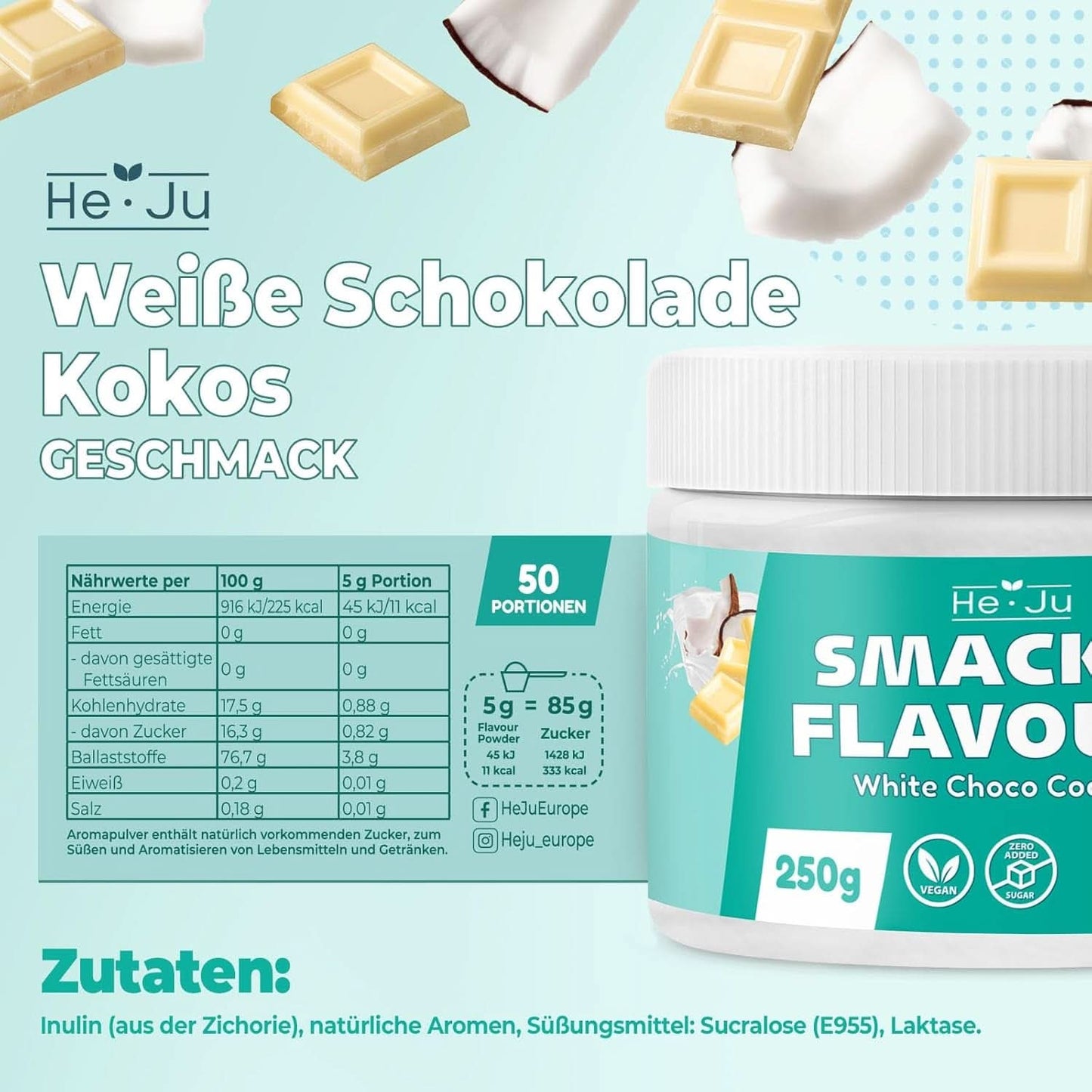 He-Ju, Polvere al gusto di cioccolato bianco e cocco, 250 grammi Aromas Naty Shop