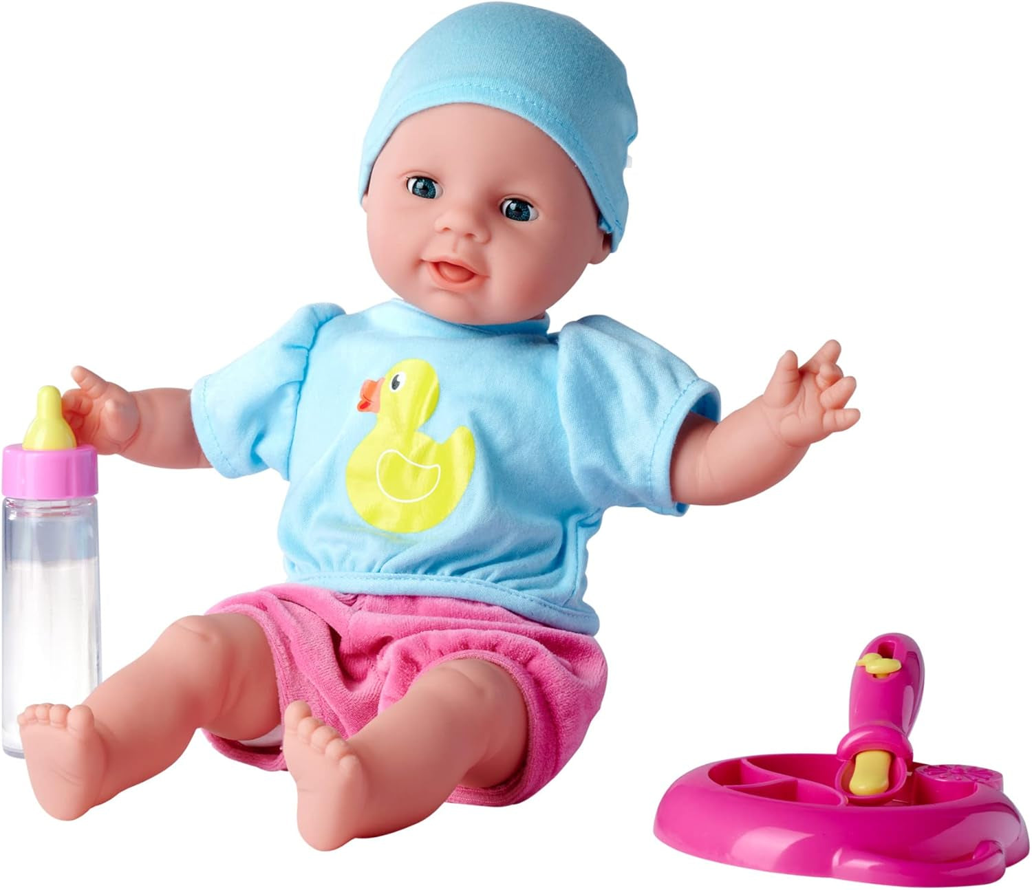 Simba 105010964 - Laura Hungry bambola morbida con ciuccio, cucchiaio magico, biberon a scomparsa e piatto, 38 cm, bambola per bambini da 2 anni