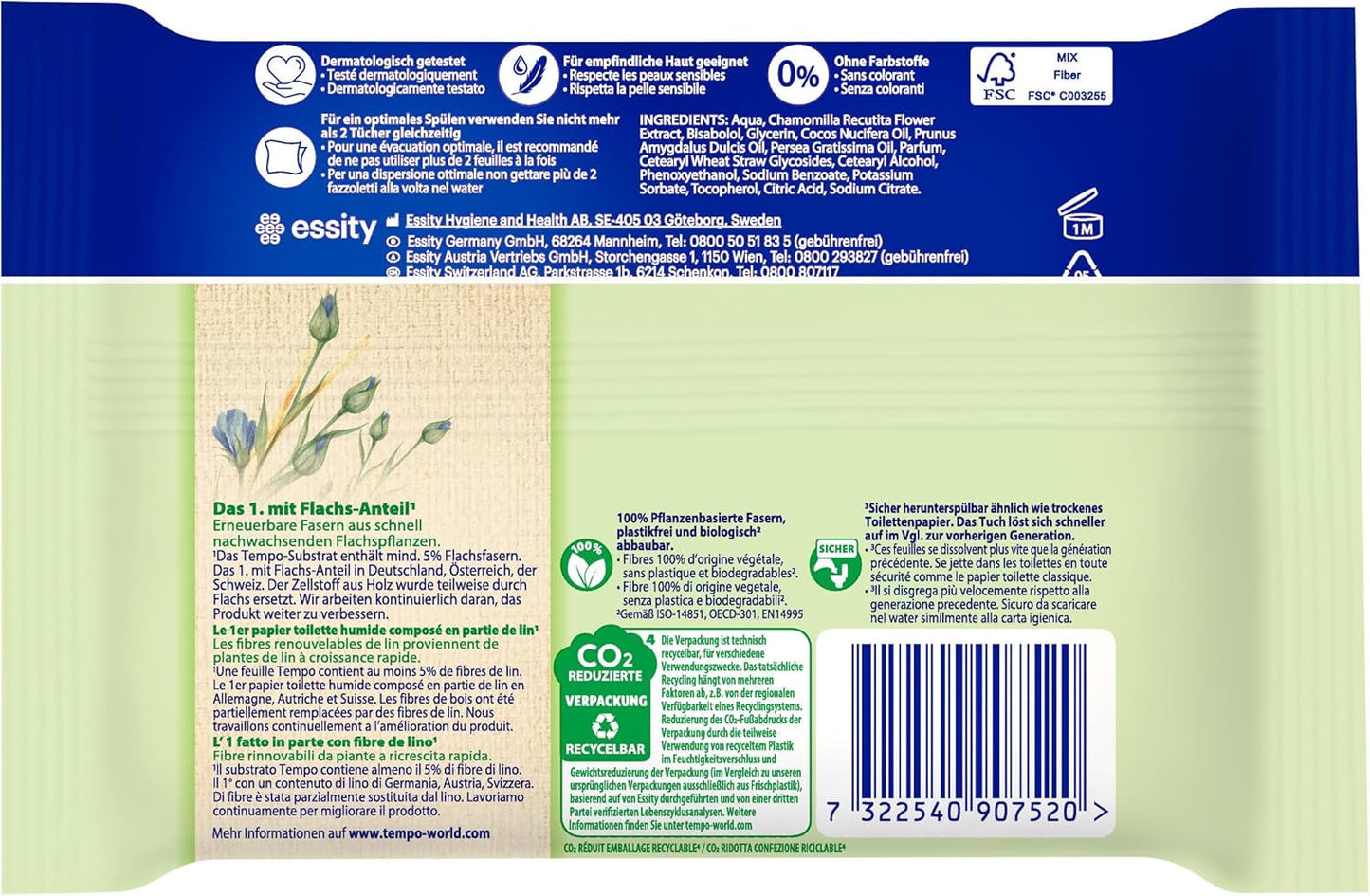 Salviette umidificate Tempo ''Gentle & Sensitive'' - Megapack - 16 confezioni da 42 salviette ciascuna - Duo Packs - Aloe Vera Naturale - Carta igienica, dermatologicamente testata, neutra sulla pelle
