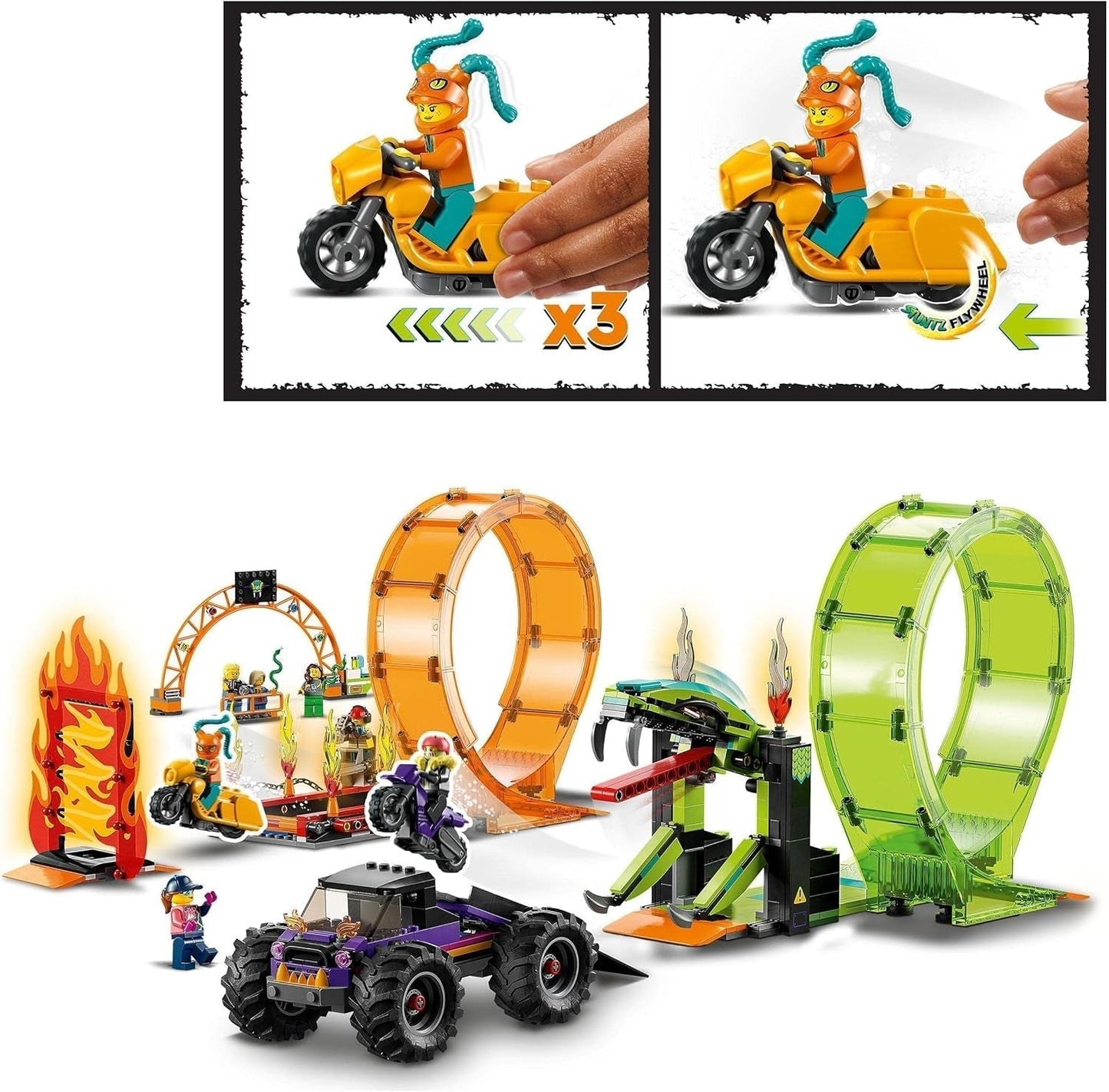 LEGO City Stuntz Spettacolo acrobatico, set a doppio looping, 60339, incl. rampa, monster truck, motocicletta 2X e 7 minifigure, giocattolo per bambini dai 7 anni in su Set da costruzione Besuche den LEGO-Store
