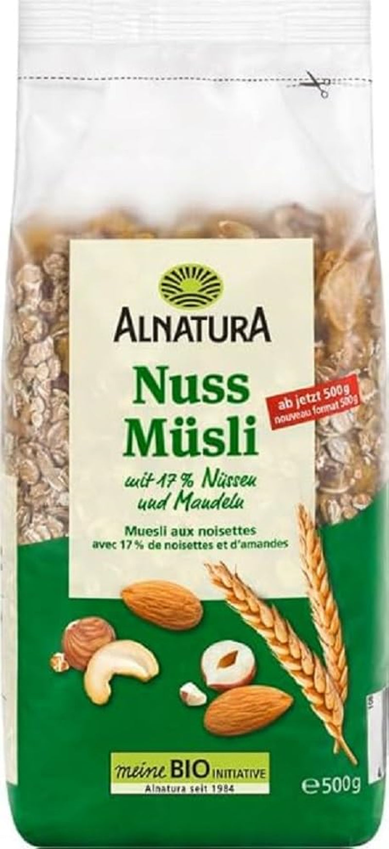 Bio Nuss Müsli Mit 17% Nüssen und Mandeln, 0.5 Kg Cereale Naty Shop Titolo predefinito