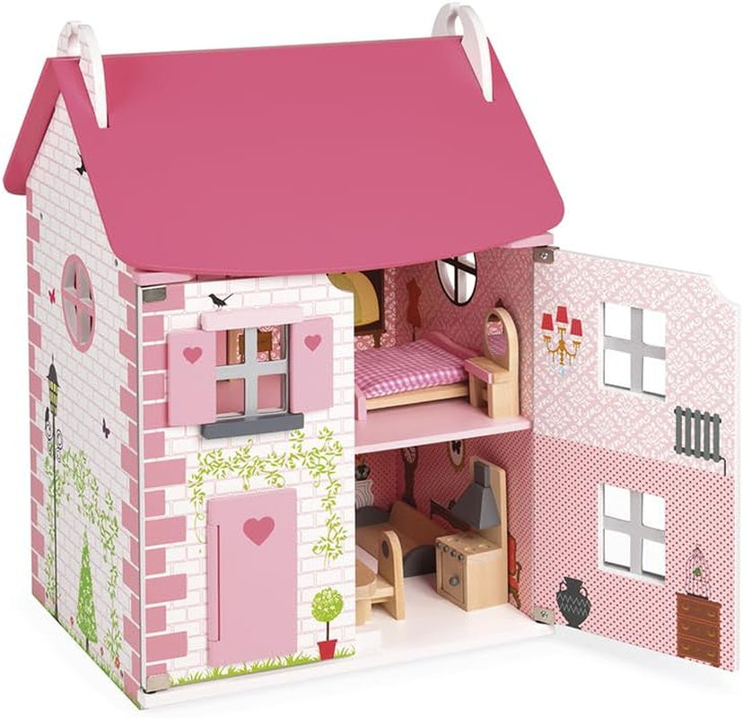 Janod - Casa delle bambole in legno Mademoiselle, 3 piani e 11 accessori, replica del giocattolo, sviluppa l'immaginazione, dai 3 anni in su, J06581, Pink Naty Shop Case delle bambole classiche