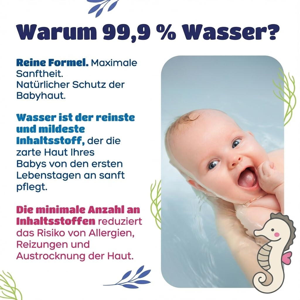 Salviettine umidificate Kindii Water Care - Aqua Baby Wipes - 100% viscosa, 99,9% acqua, estratto di pompelmo, dimensioni sciarpa 150x200, 100% biodegradabile, senza plastica, salviette detergenti per pelli sensibili