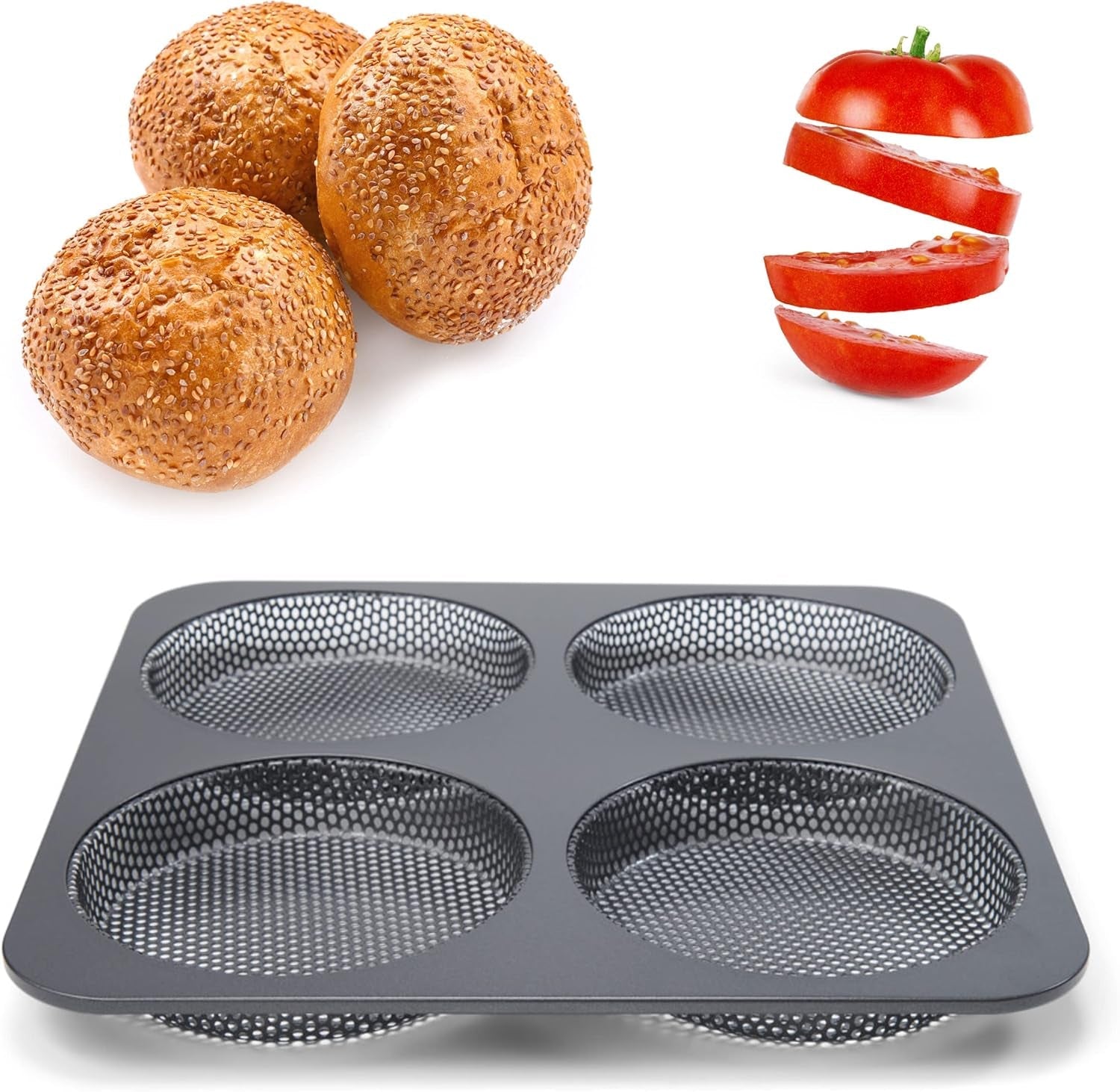 Hamburgerbrötchen, Perforiert, Antihaftbeschichte, 4 Runde Mulden Mit Je 12 Cm, Pfannengröße 28 X 28 Cm, 2.5 Cm Tief, Mittelgroß, Schwarz Stampi e vassoi per dolci Naty Shop